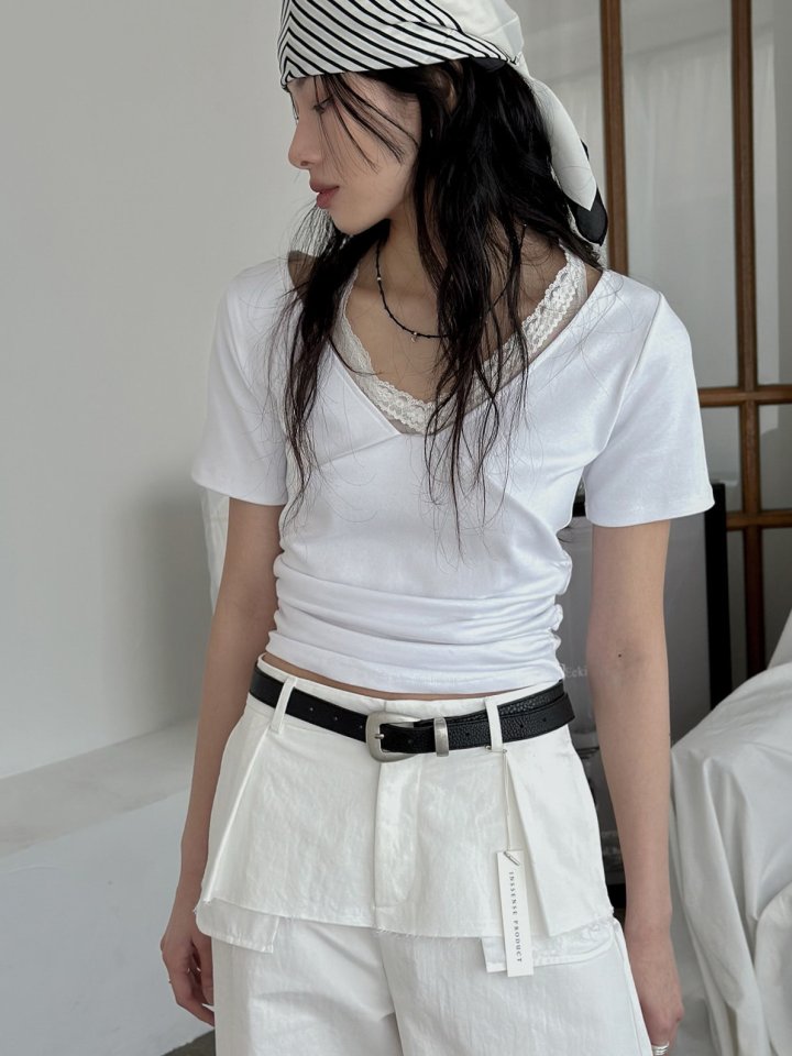 Inssense - Korean Women Fashion - #womensfashion - Pigment Lace Halter Short Sleeve Top - 8