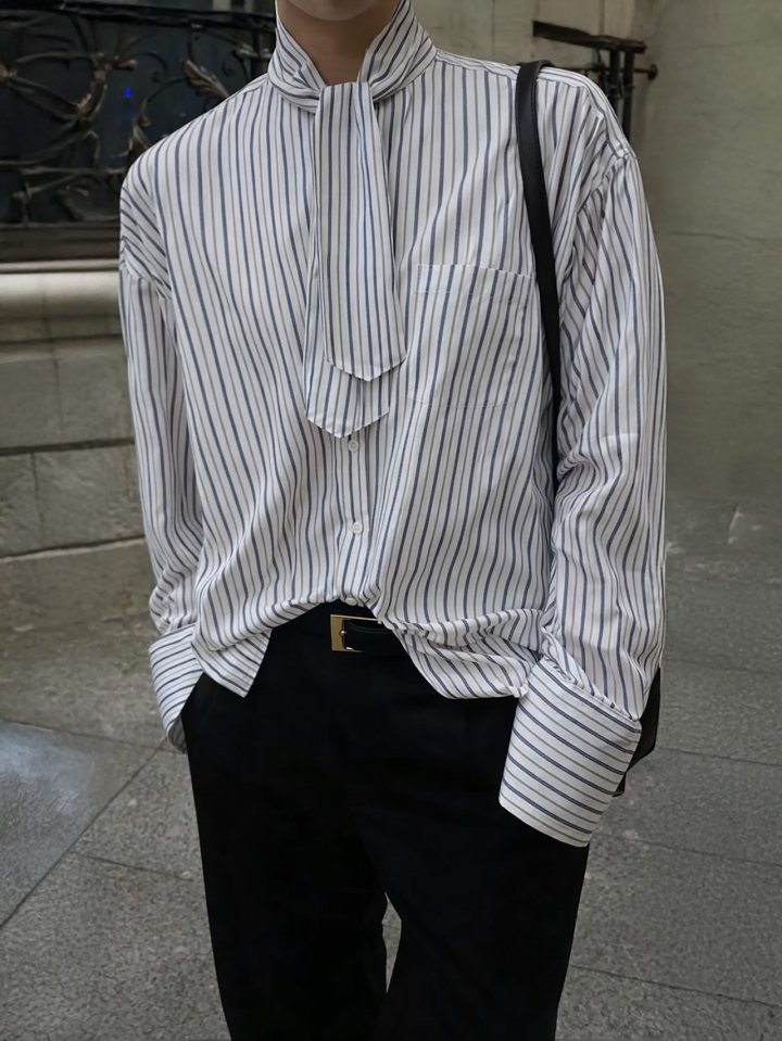 Inssense - Korean Women Fashion - #womensfashion - Oversized Stripe Two-Way Tie Shirt - 11