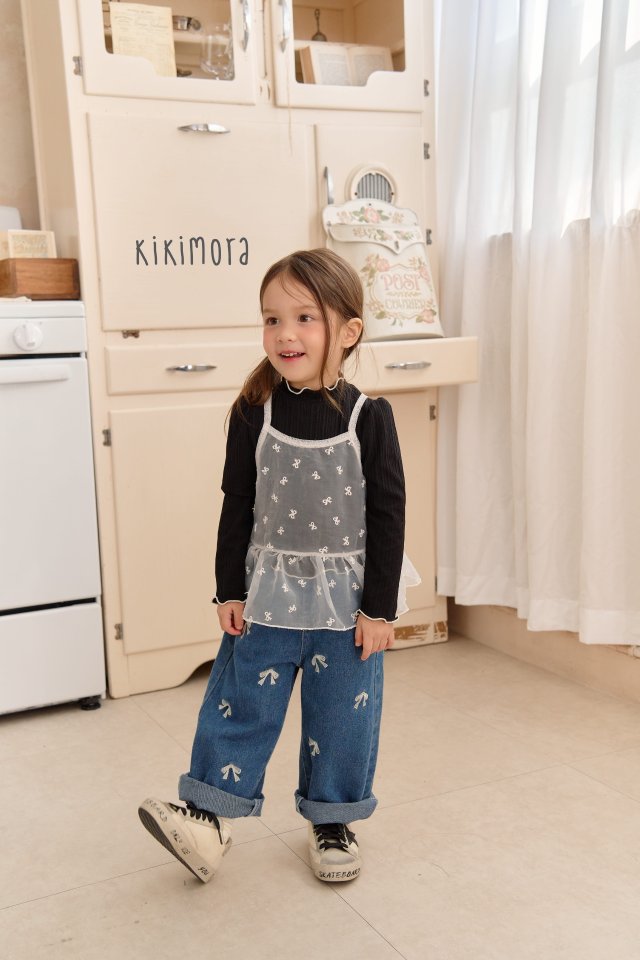 Kikimora - Korean Children Fashion - #childofig - Ribbon Embroidery Denim Pants - 5