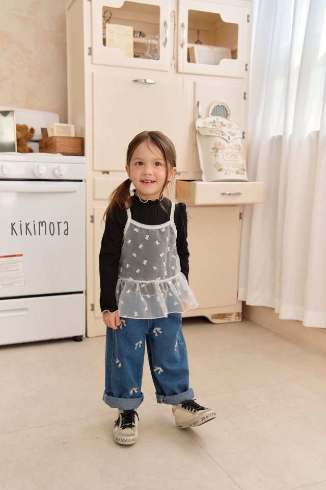 Kikimora - Korean Children Fashion - #childofig - Ribbon Embroidery Denim Pants - 6