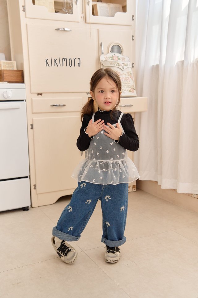 Kikimora - Korean Children Fashion - #discoveringself - Ribbon Embroidery Denim Pants - 9