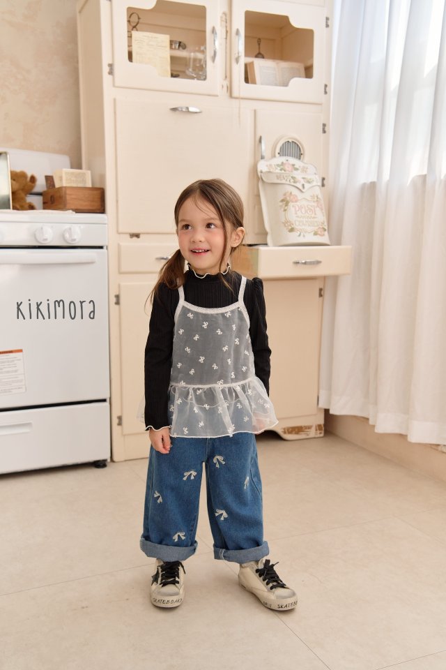 Kikimora - Korean Children Fashion - #kidsstore - Ribbon Embroidery Denim Pants - 12