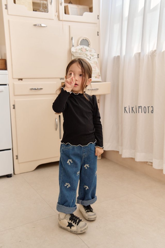 Kikimora - Korean Children Fashion - #minifashionista - Ribbon Embroidery Denim Pants - 3