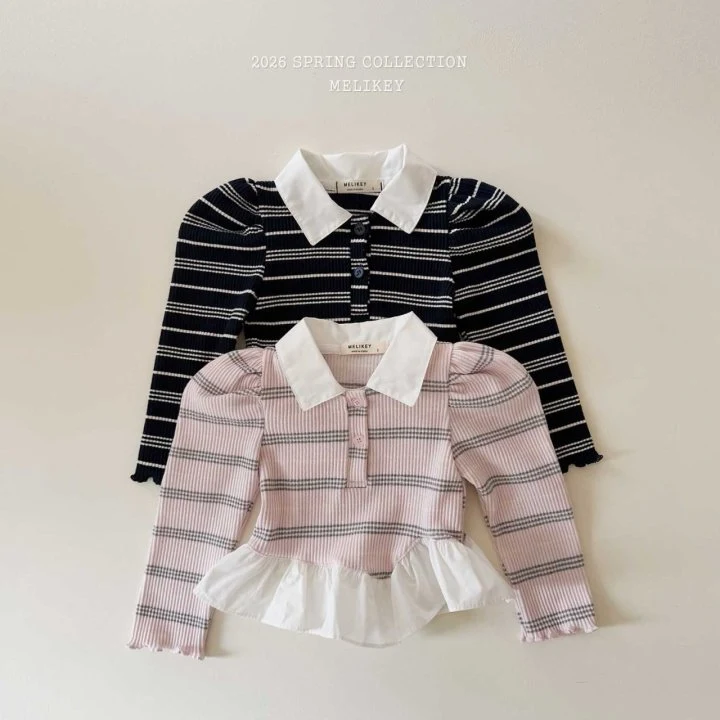 Melikey - Korean Children Fashion - #kidsstore - Diagonal Frill Collar Tee