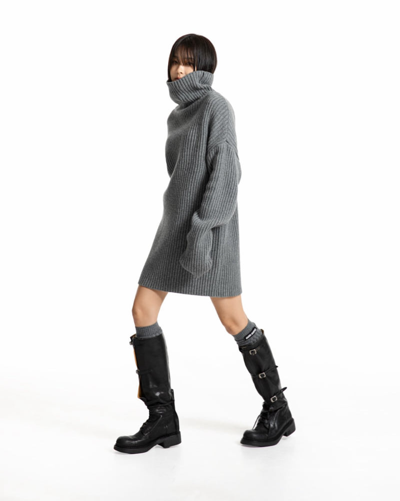 Paper Moon - Korean Women Fashion - #momslook - Turtleneck Ribbed Knit Mini Dress - 5