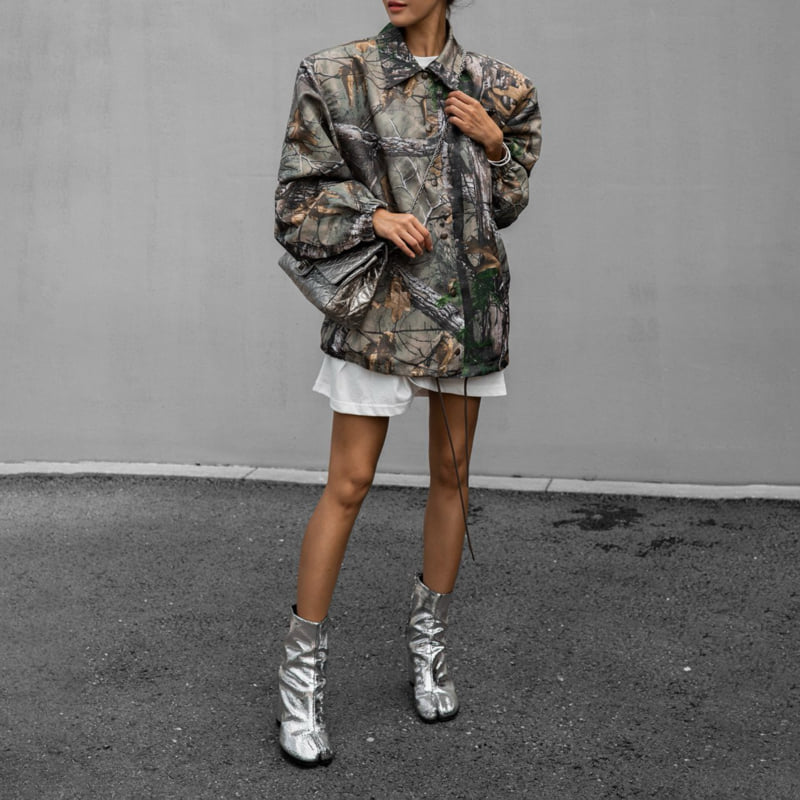 Paper Moon - Korean Women Fashion - #momslook - Oversized Padded Shoulder Snap Button Jacket - 9