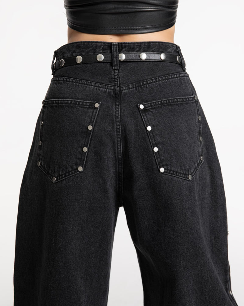 Paper Moon - Korean Women Fashion - #momslook - Stud Point Washed Black Wide Denim Pants - 7
