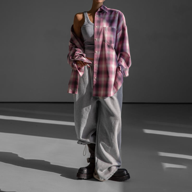 Paper Moon - Korean Women Fashion - #womensfashion - Oversized Plaid Check Button Down Shirt - 4