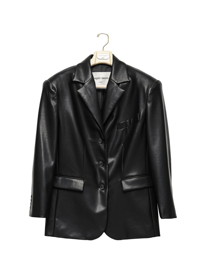 Paper Moon - Korean Women Fashion - #momslook - Oversized Shiny Leather Three Button Blazer - 5