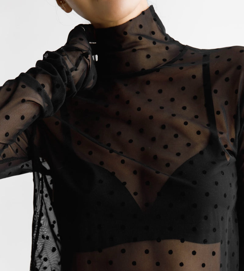 Paper Moon - Korean Women Fashion - #momslook - Dot Mesh Sheer Turtleneck Long Sleeved Tee