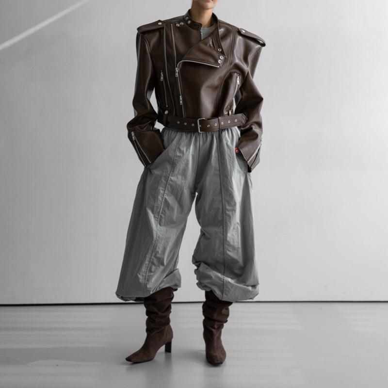 Paper Moon - Korean Women Fashion - #momslook - Double Zipped Detail Buckle Belted Biker Jacket - 12