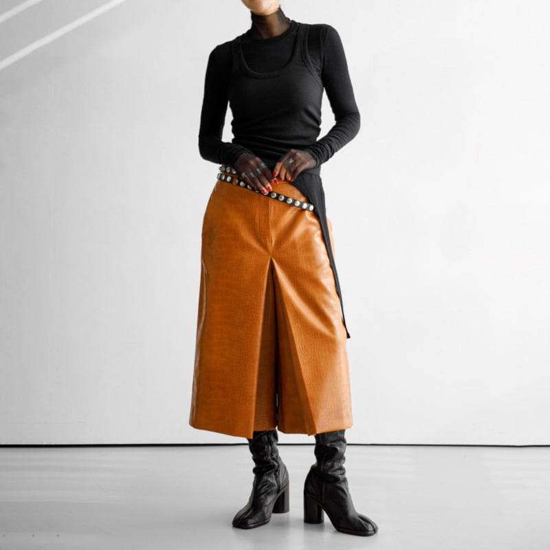 Paper Moon - Korean Women Fashion - #momslook - Crocodile Vegan Leather Skirt Detail Wide Culottes Pants - 6