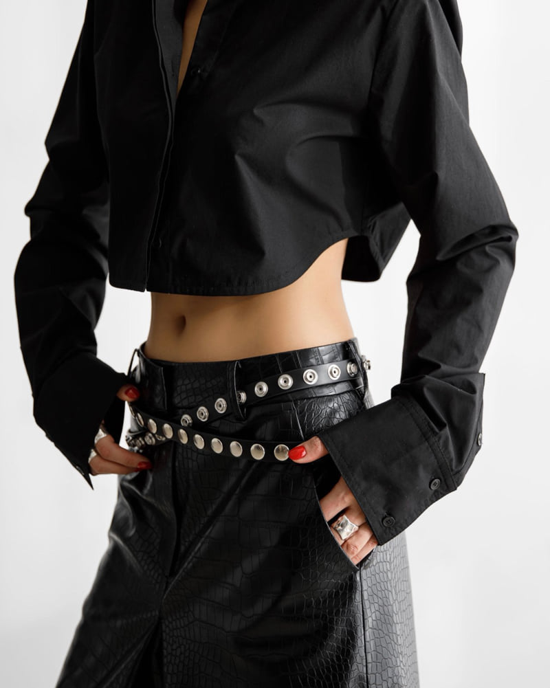 Paper Moon - Korean Women Fashion - #momslook - Classic Shoulder Padded Crop Button Down Shirt - 3