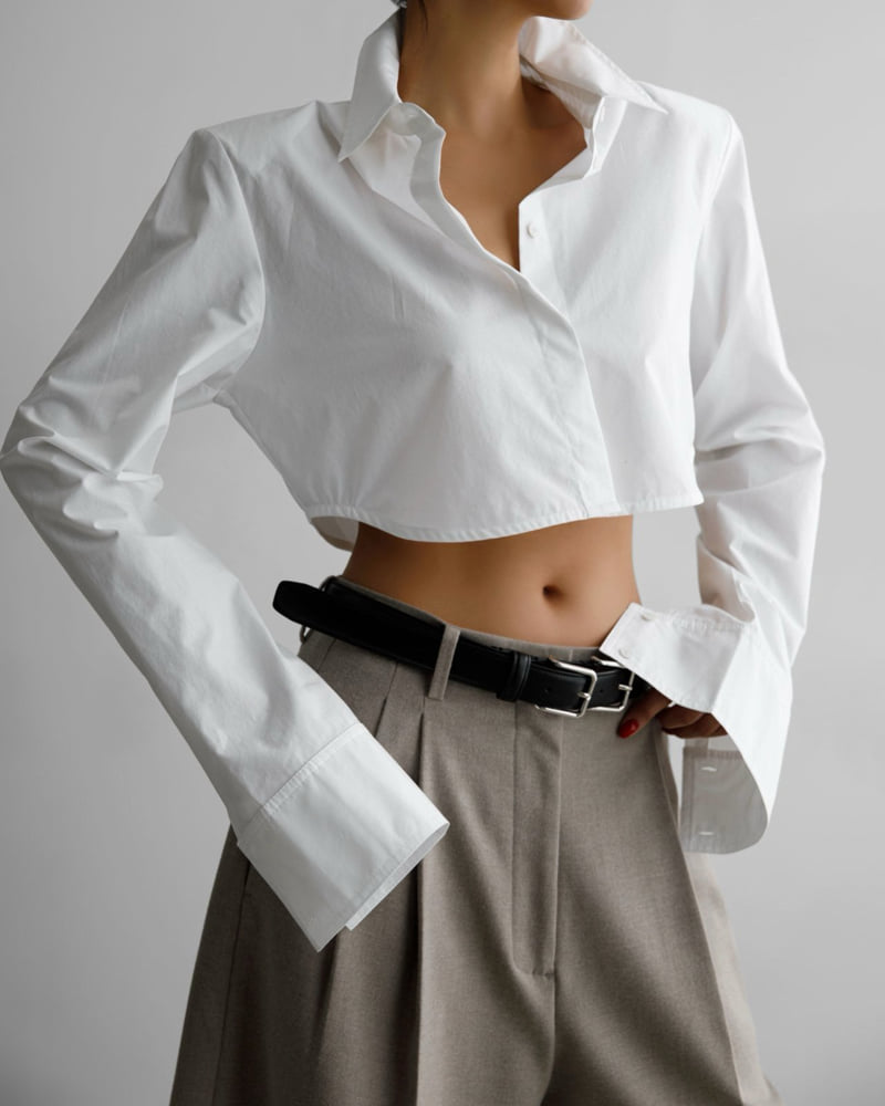 Paper Moon - Korean Women Fashion - #momslook - Classic Shoulder Padded Crop Button Down Shirt - 7