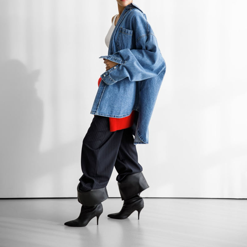 Paper Moon - Korean Women Fashion - #momslook - Maxi Oversized Washed Denim Button Down Shirt - 2
