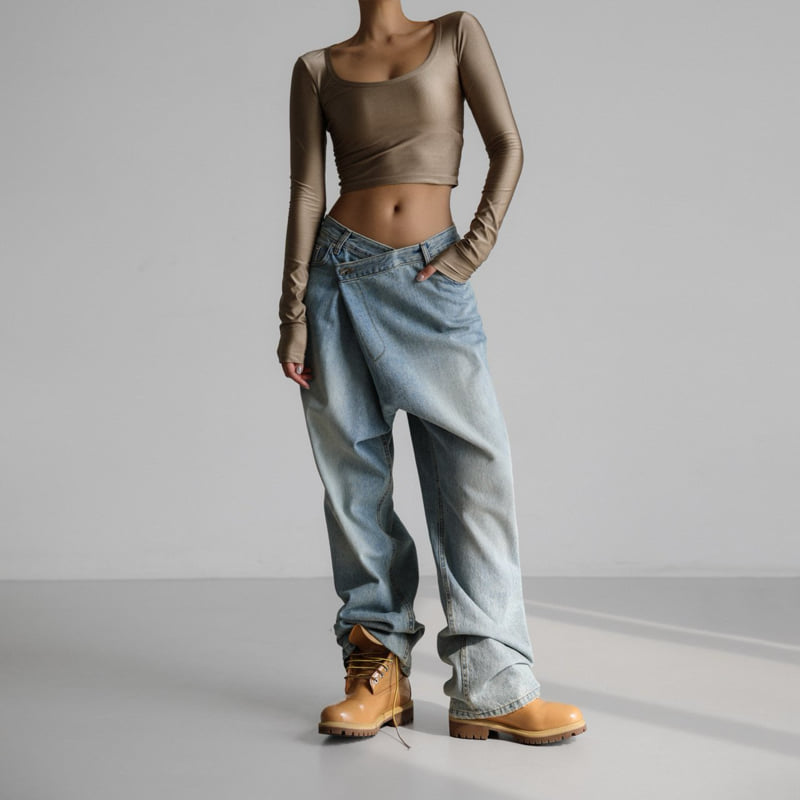 Paper Moon - Korean Women Fashion - #momslook - Wrap Detail Wide Denim Jeans