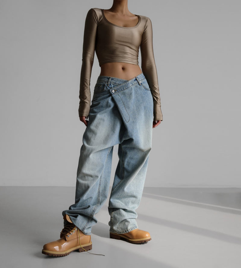 Paper Moon - Korean Women Fashion - #momslook - Wrap Detail Wide Denim Jeans - 3