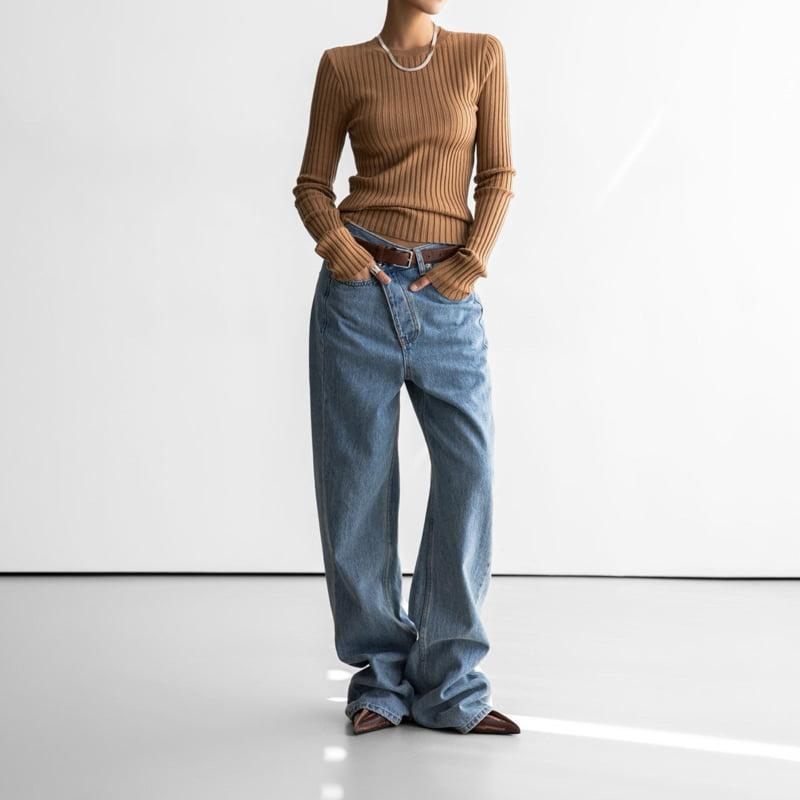 Paper Moon - Korean Women Fashion - #momslook - Long Sleeved Ribbed Round Neck Knit Top - 2