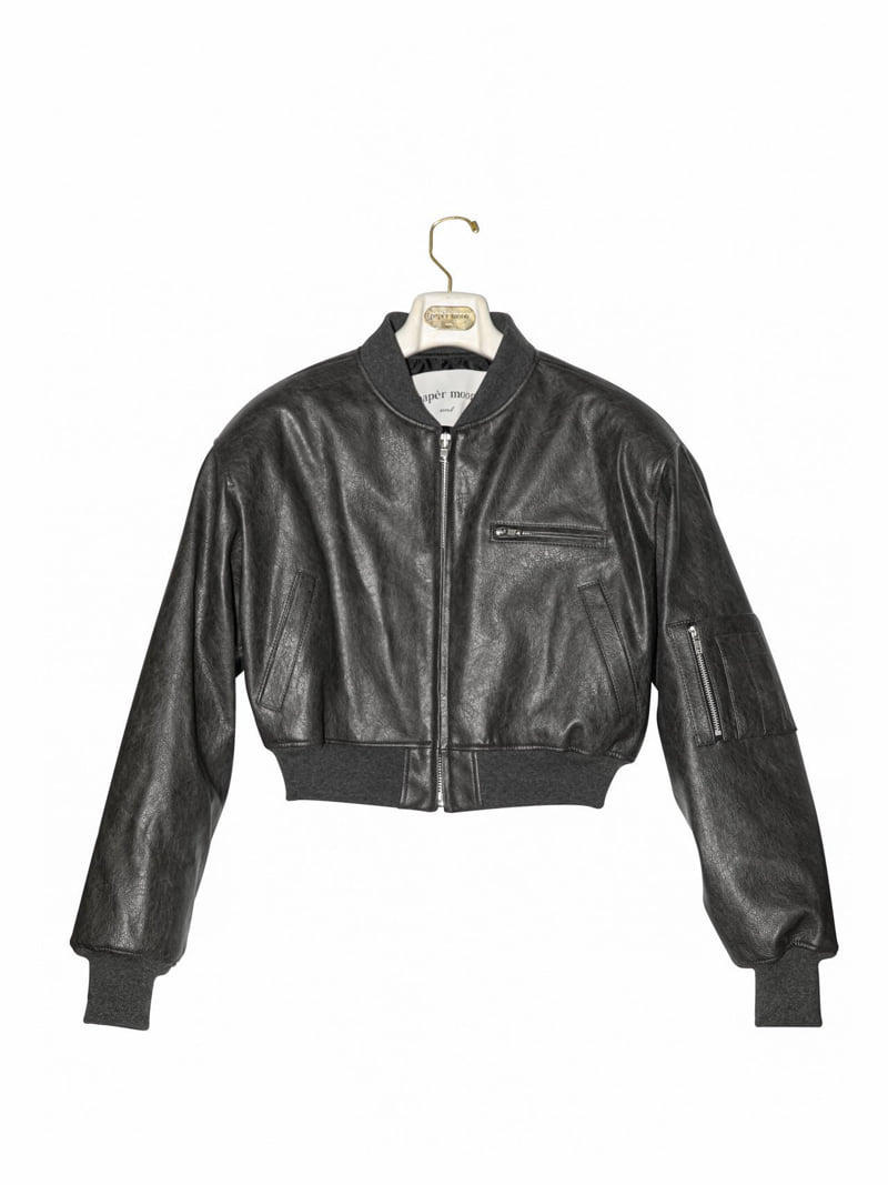 Paper Moon - Korean Women Fashion - #momslook - Vegan Leather Cropped Full-up Bomber Jacket - 9
