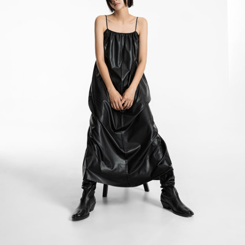 Paper Moon - Korean Women Fashion - #momslook - Vegan Leather Strap Shirred Maxi Dress
