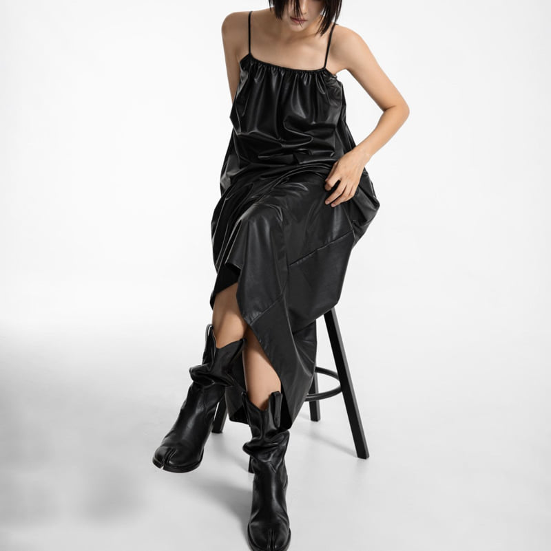 Paper Moon - Korean Women Fashion - #momslook - Vegan Leather Strap Shirred Maxi Dress - 3