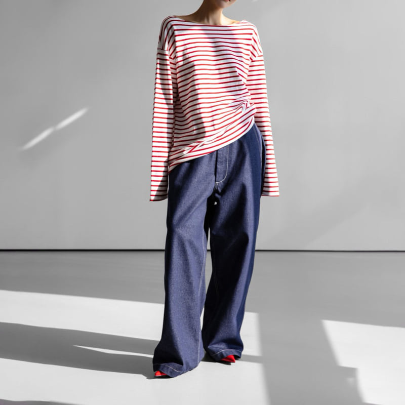 Paper Moon - Korean Women Fashion - #womensfashion - Stitch Detail Wide Baggy Denim Pants - 4
