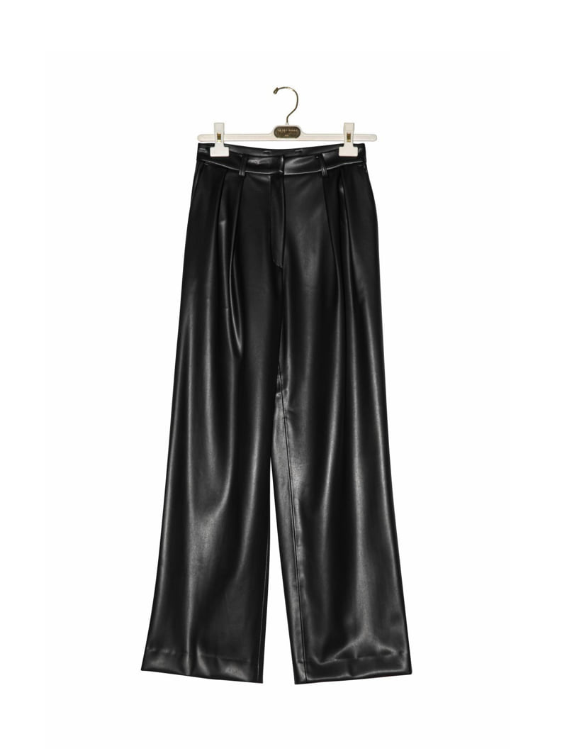 Paper Moon - Korean Women Fashion - #momslook - Leather Low Waist Double Pleats Wide Trousers - 2