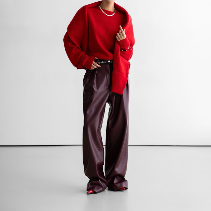 Paper Moon - Korean Women Fashion - #womensfashion - Leather Low Waist Double Pleats Wide Trousers - 4
