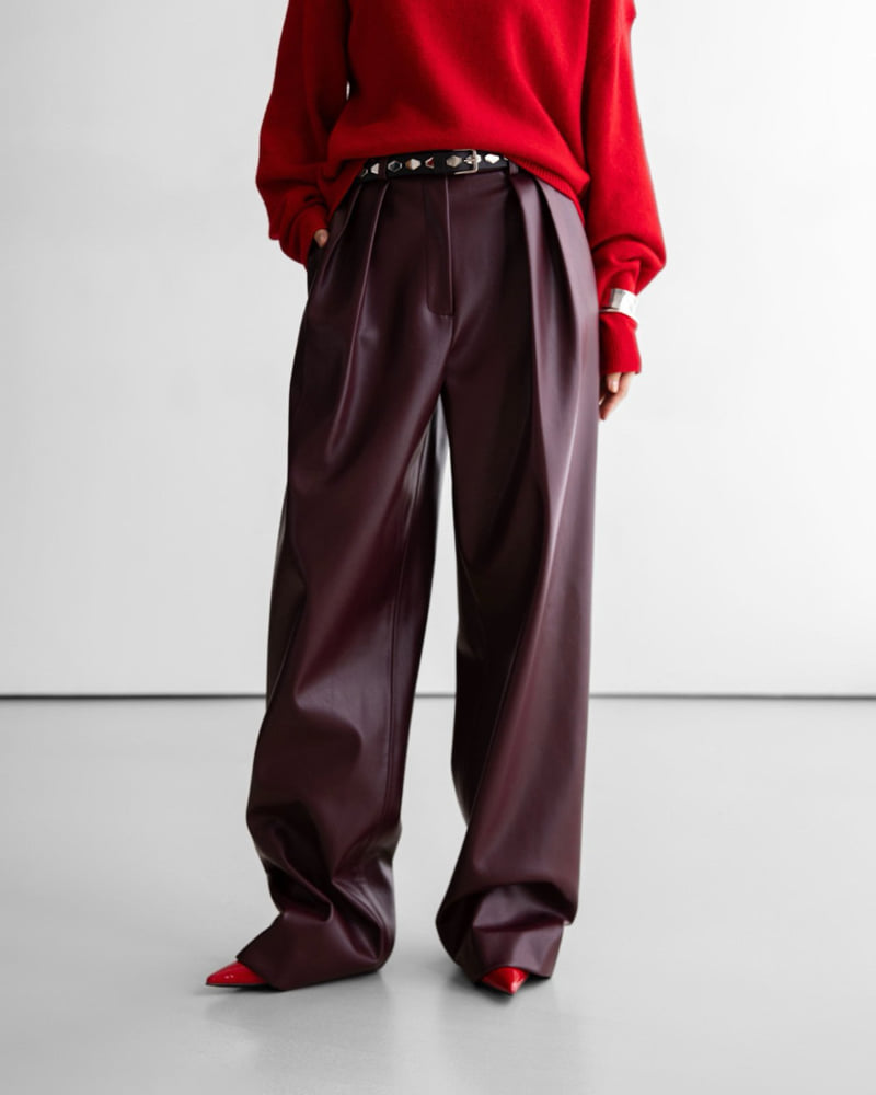 Paper Moon - Korean Women Fashion - #momslook - Leather Low Waist Double Pleats Wide Trousers - 6