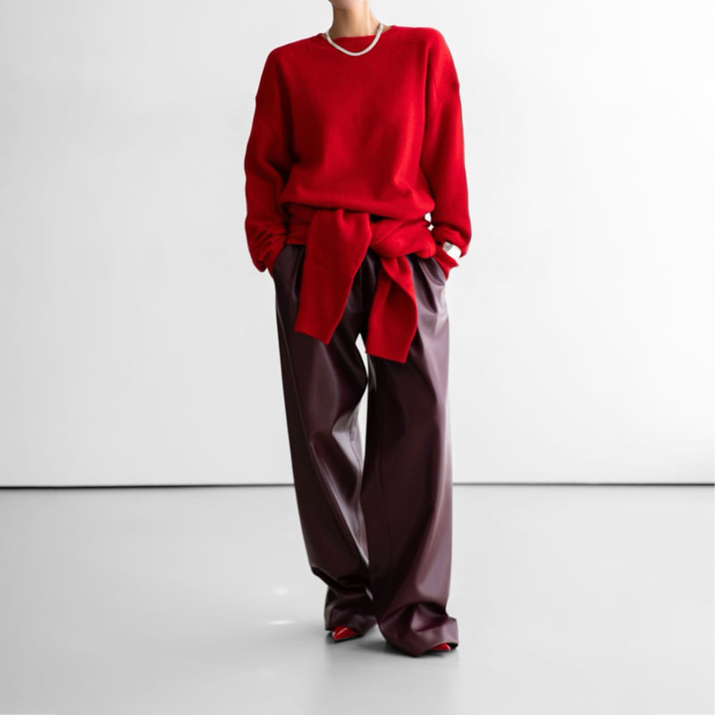 Paper Moon - Korean Women Fashion - #momslook - Leather Low Waist Double Pleats Wide Trousers - 8