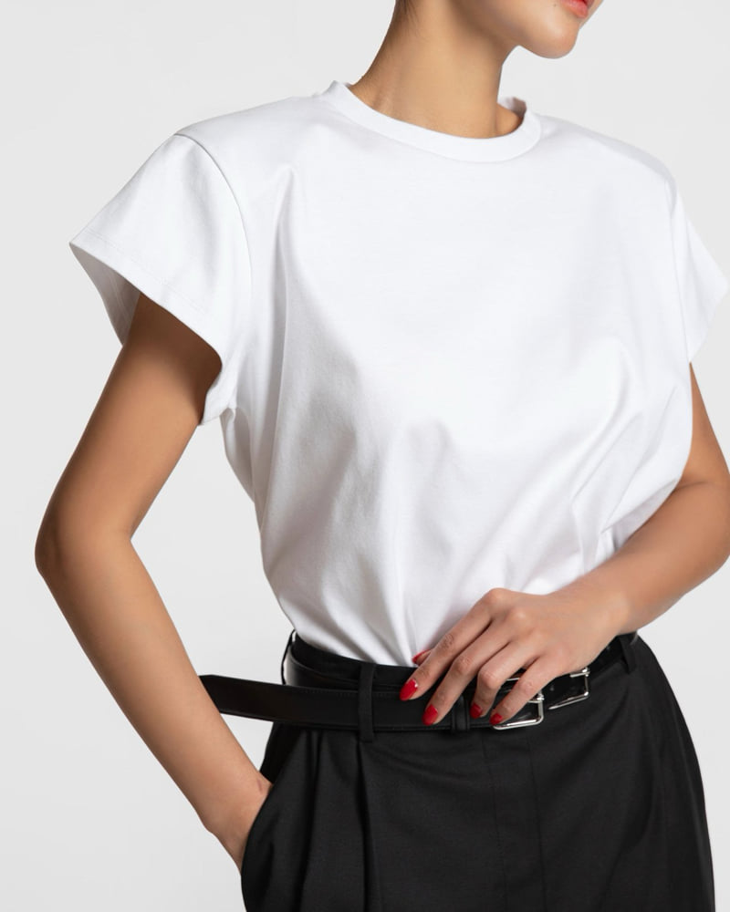 Paper Moon - Korean Women Fashion - #momslook - Padded Shoulder Wing Sleeve Tee - 2