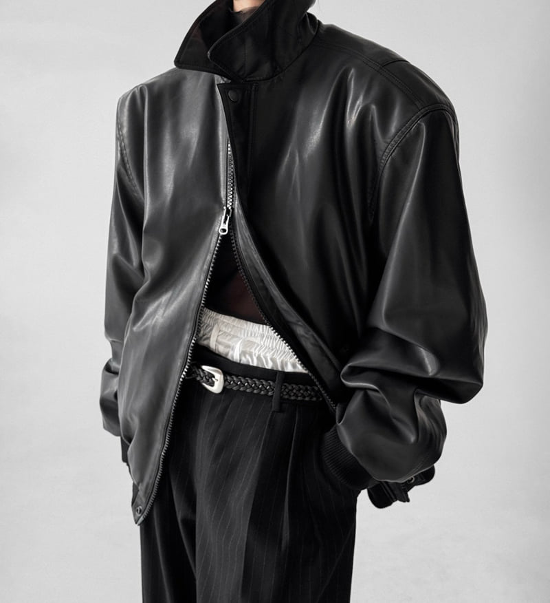 Paper Moon - Korean Women Fashion - #womensfashion - Washed Vegan Leather Shoulder Padded Bomber Jacket - 4