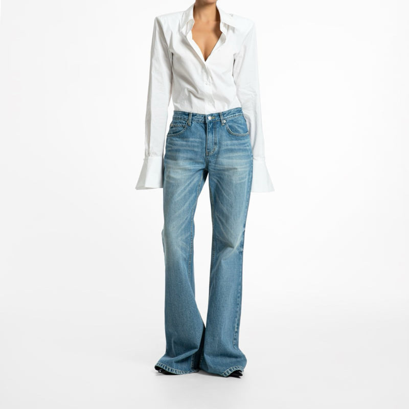 Paper Moon - Korean Women Fashion - #restrostyle - Classic Flared Denim Blue Jeans - 2