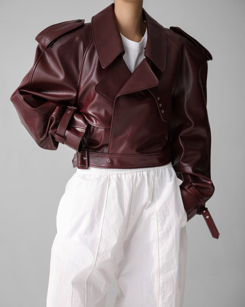 Paper Moon - Korean Women Fashion - #restrostyle - Belted Buckle Detail Chunky Cropped Leather Trench Jacket - 2