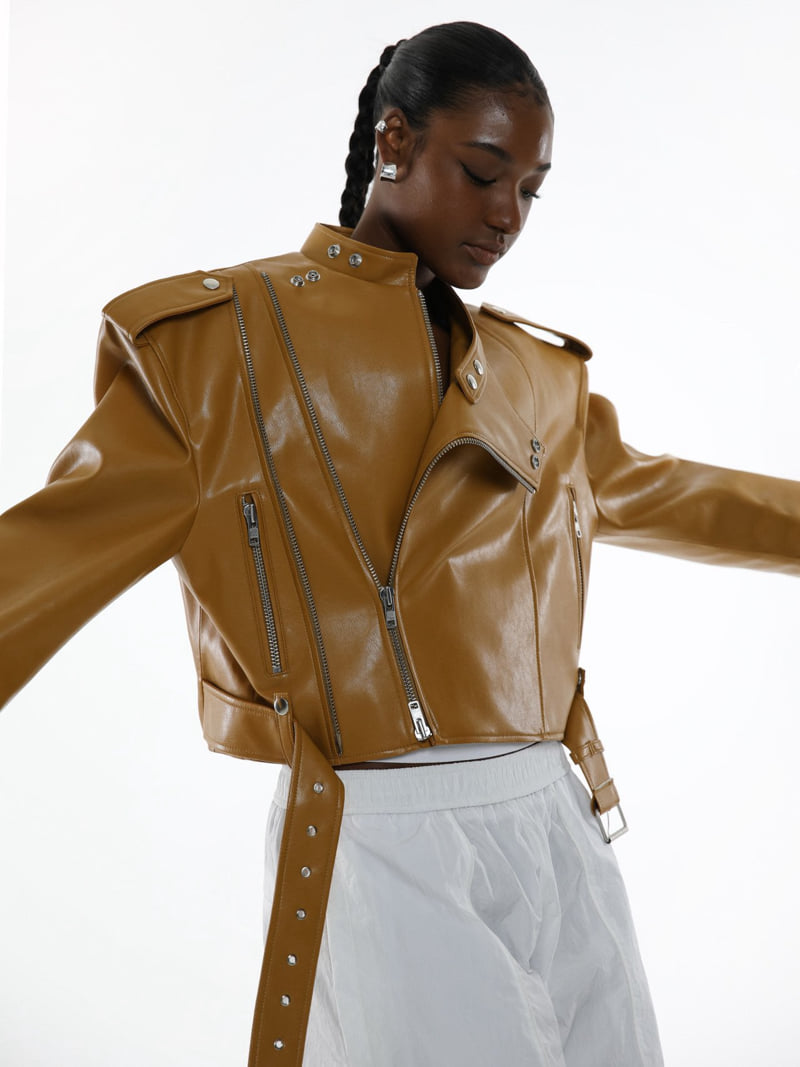Paper Moon - Korean Women Fashion - #romanticstyle - Double Zipped Detail Buckle Belted Biker Jacket - 8