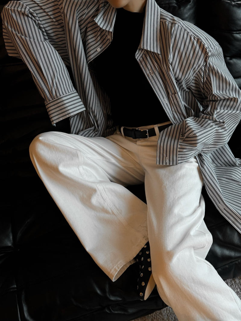 Paper Moon - Korean Women Fashion - #romanticstyle - Boyfriend Fit Oversized Striped Button Down Shirt