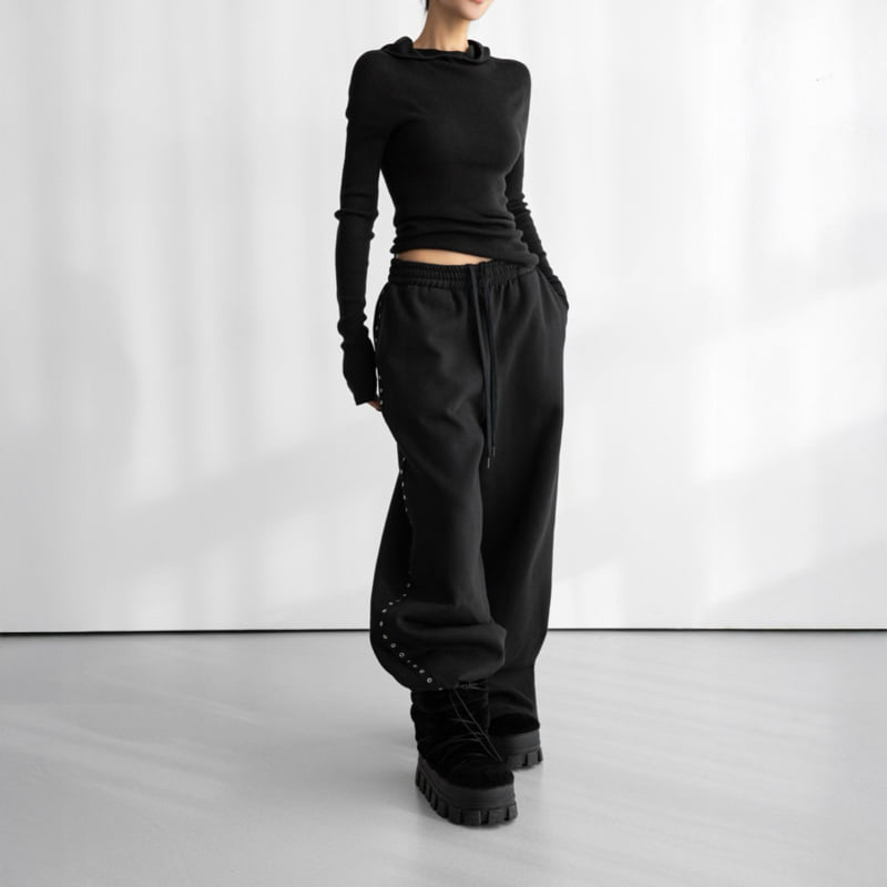 Paper Moon - Korean Women Fashion - #thelittlethings - Oversized Eyelet Line Detail Sweat Wide Trousers