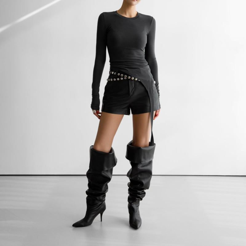 Paper Moon - Korean Women Fashion - #vintageinspired - Unbalanced Hem Line Detail Slim Long Sleeved Tee - 10