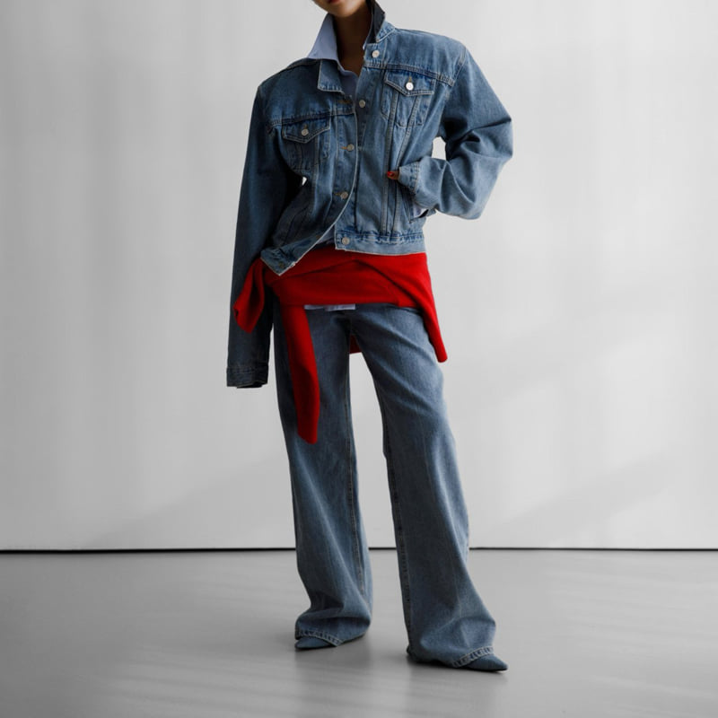 Paper Moon - Korean Women Fashion - #vintageinspired - Maxi Padded Shoulder Oversized Denim Jacket
