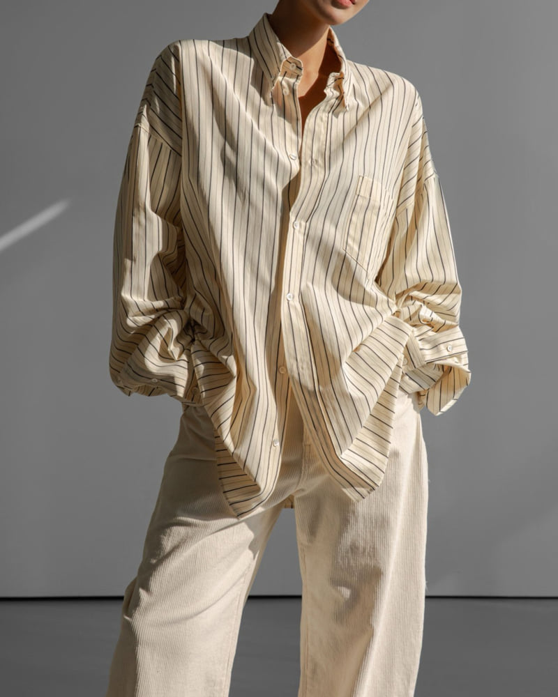 Paper Moon - Korean Women Fashion - #vintageinspired - Oversized Striped Pattern Pocket Button Down Shirt - 4