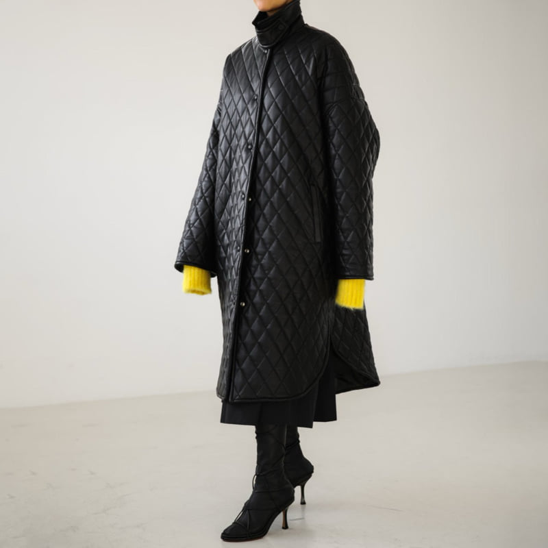 Paper Moon - Korean Women Fashion - #vintageinspired - Vegan Leather Quilting Padded Snap Button Coat - 4