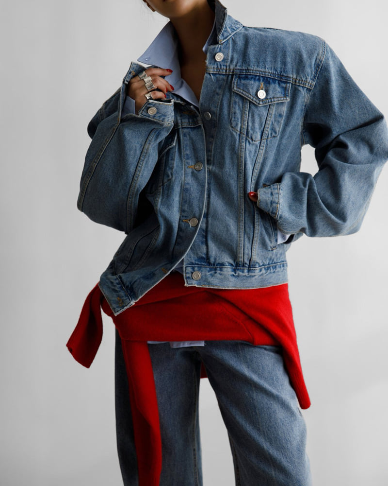 Paper Moon - Korean Women Fashion - #vintagekidsstyle - Maxi Padded Shoulder Oversized Denim Jacket - 2
