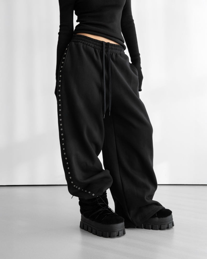 Paper Moon - Korean Women Fashion - #womensfashion - Oversized Eyelet Line Detail Sweat Wide Trousers - 5