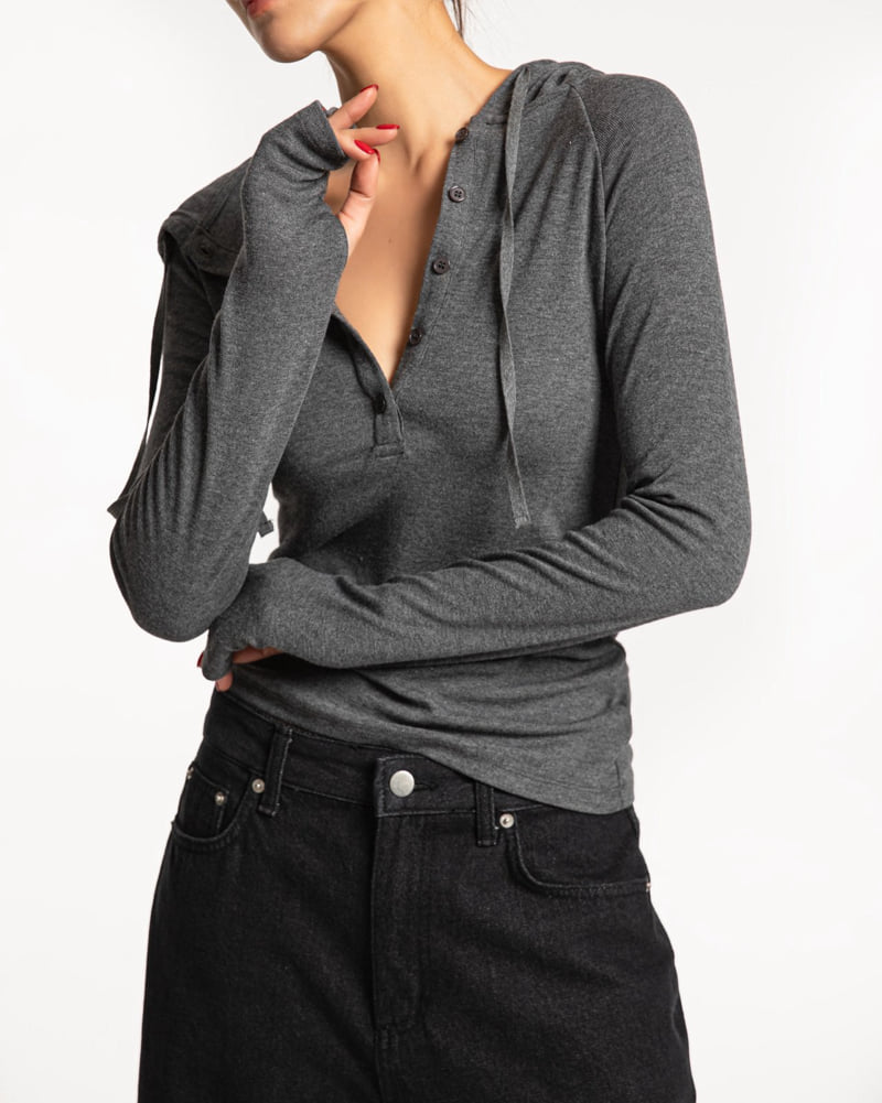 Paper Moon - Korean Women Fashion - #womensfashion - Finger Hall Sleeved Button Point Jersey Hoodie - 3