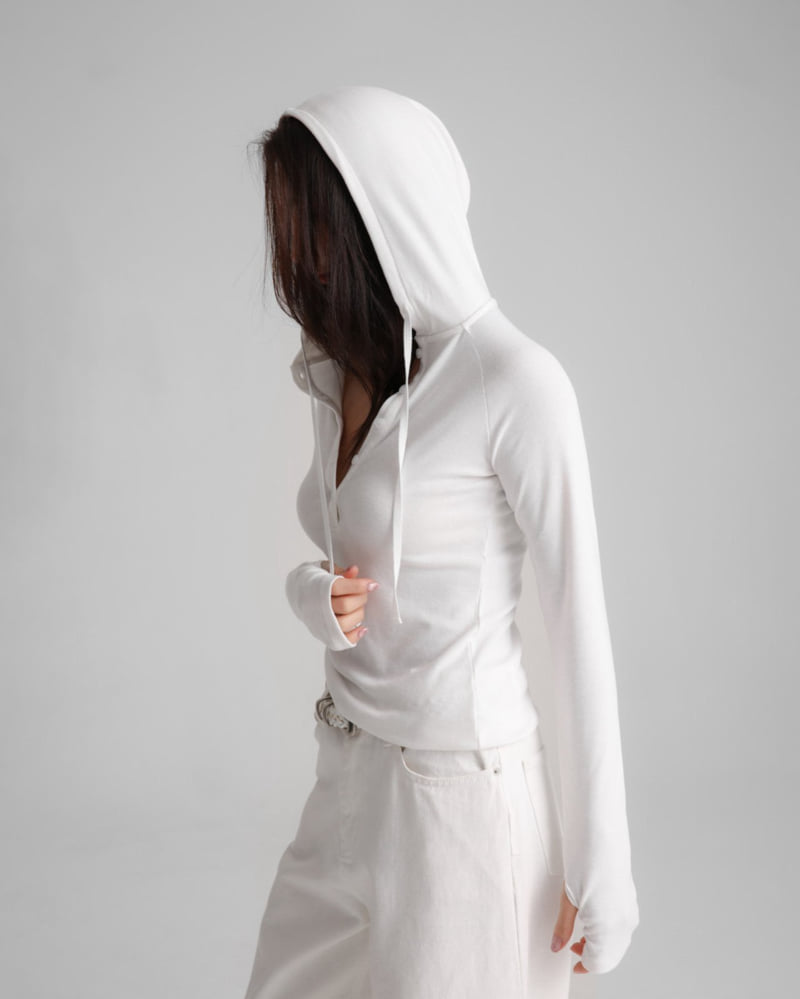 Paper Moon - Korean Women Fashion - #womensfashion - Finger Hall Sleeved Button Point Jersey Hoodie - 5