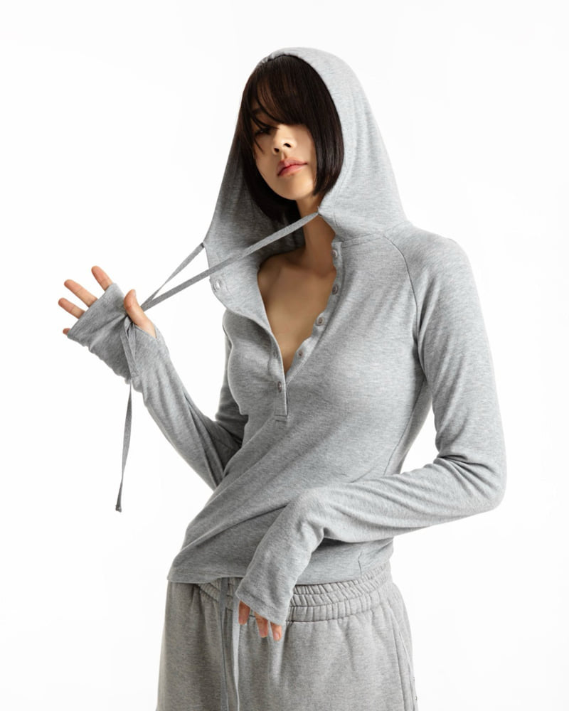 Paper Moon - Korean Women Fashion - #womensfashion - Finger Hall Sleeved Button Point Jersey Hoodie - 9