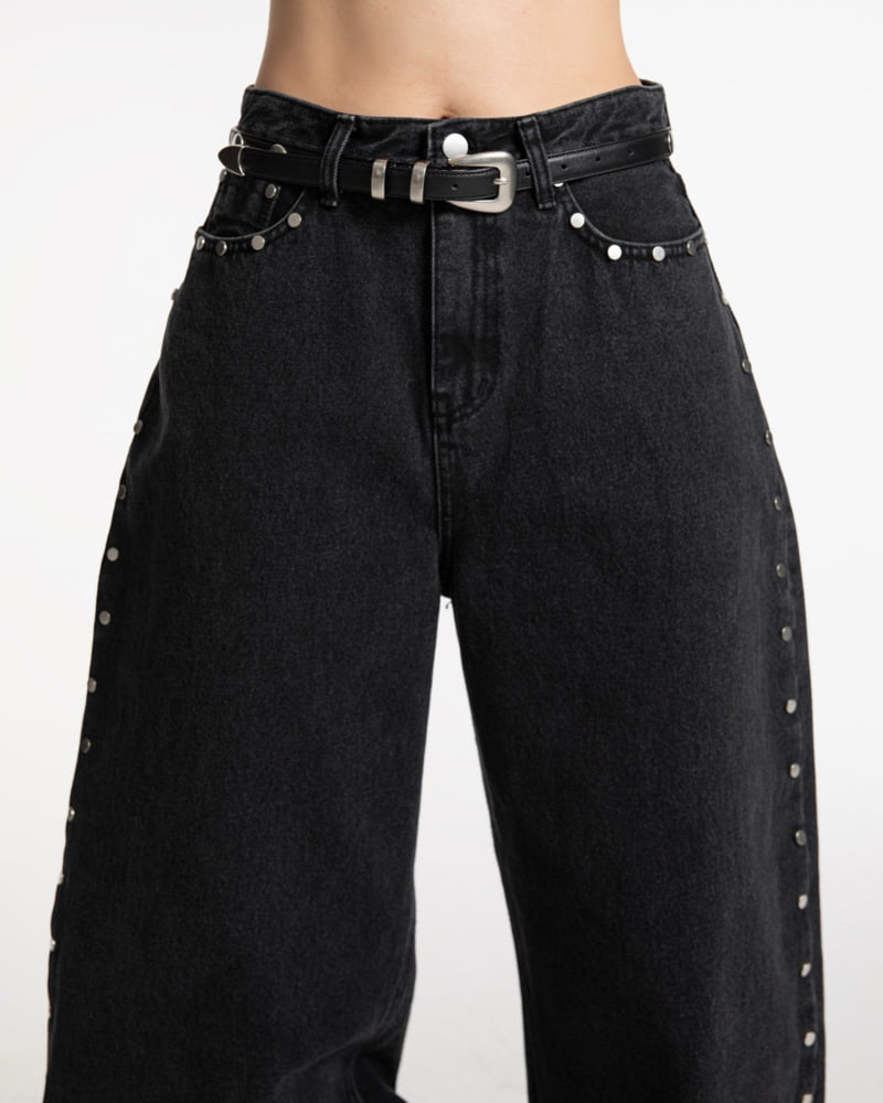 Paper Moon - Korean Women Fashion - #momslook - Stud Point Washed Black Wide Denim Pants - 4