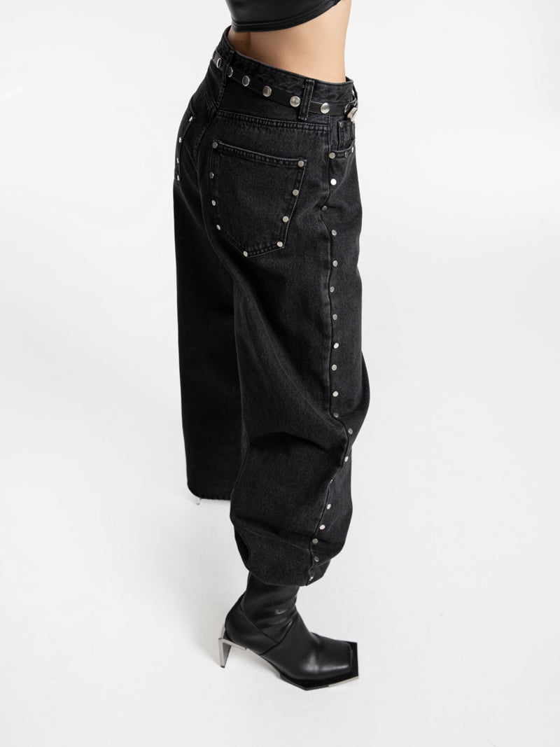Paper Moon - Korean Women Fashion - #womensfashion - Stud Point Washed Black Wide Denim Pants - 6