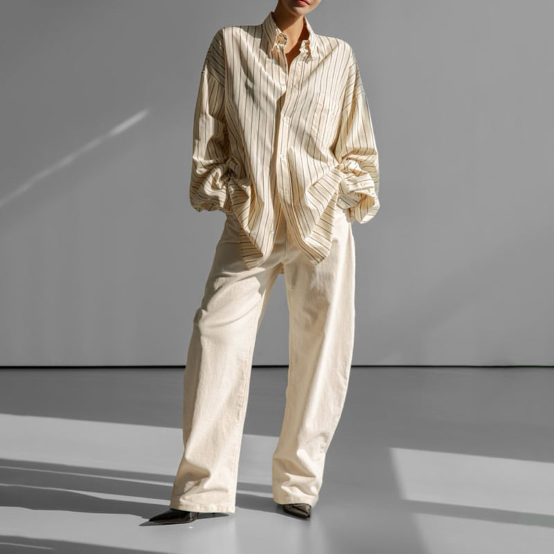 Paper Moon - Korean Women Fashion - #womensfashion - Oversized Striped Pattern Pocket Button Down Shirt - 2