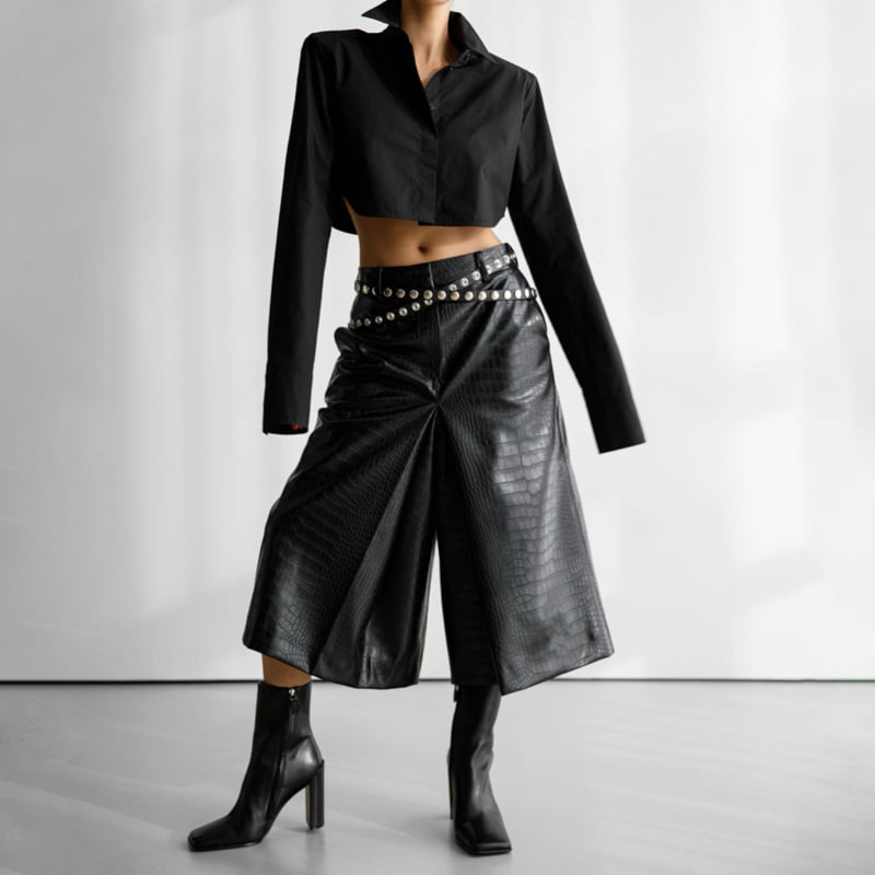Paper Moon - Korean Women Fashion - #womensfashion - Crocodile Vegan Leather Skirt Detail Wide Culottes Pants